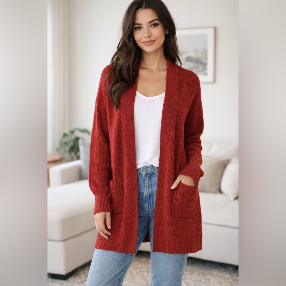 Retrology Red Open-Front Long Line Cardigan sweater